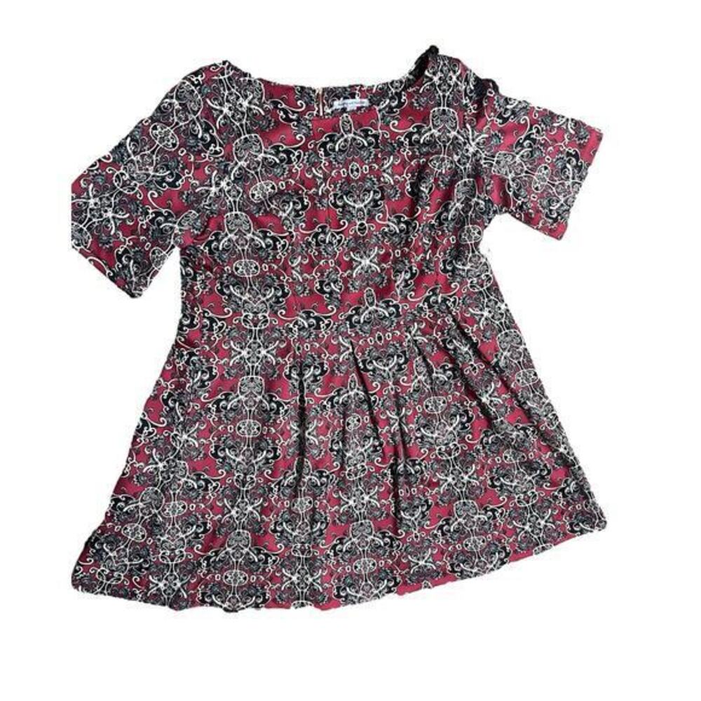 Danny and Nicole Damask Pattern Dress Fit Flare Pleated Burgundy Red Size 24W